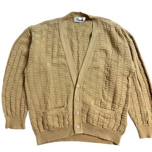 Vintage Haband Mens XL Cardigan Sweater Tan Basketweave Textured Knit USA